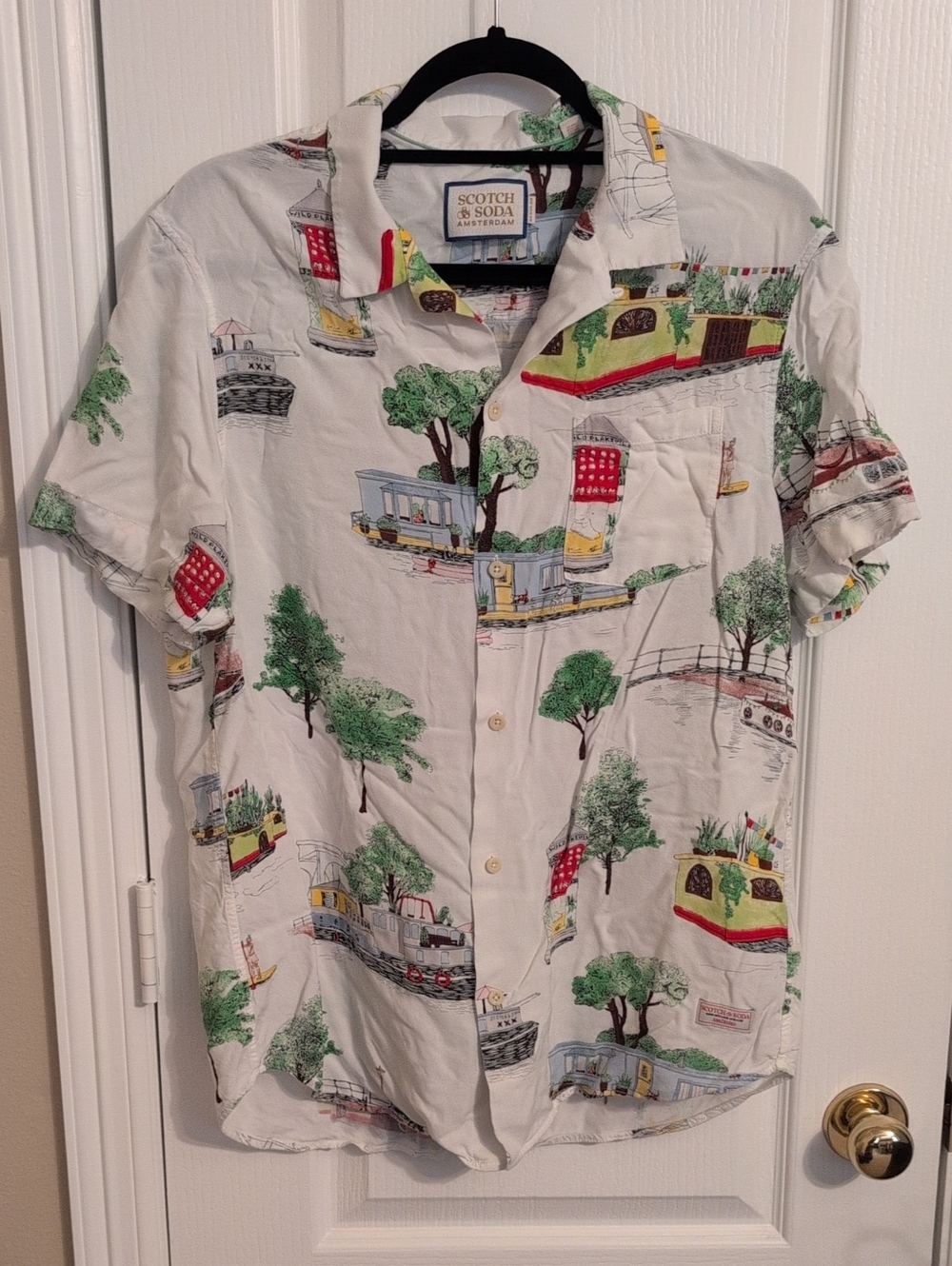 Scotch & Soda White Scenic Print Short Sleeve Button Down Shirt | Size L